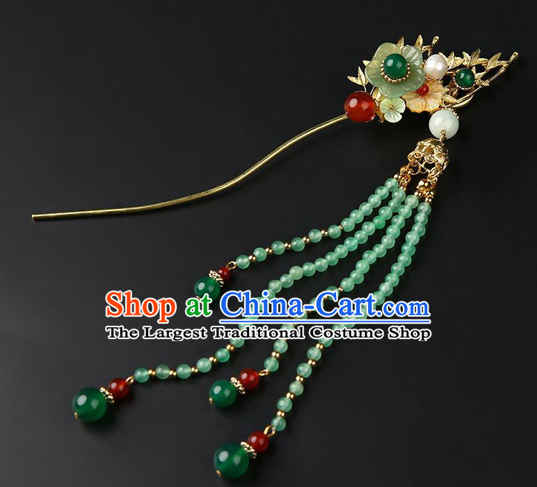 Chinese Classical Green Beads Tassel Hair Clip Hanfu Hair Accessories Handmade Ancient Princess Plum Blossom Hairpins for Women