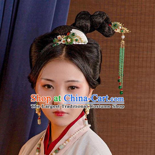 Chinese Classical Green Beads Tassel Hair Clip Hanfu Hair Accessories Handmade Ancient Princess Plum Blossom Hairpins for Women