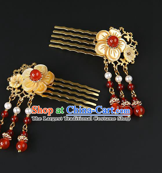 Chinese Classical Red Beads Tassel Hair Combs Pendant Hanfu Hair Accessories Handmade Ancient Princess Shell Hairpins for Women