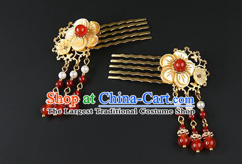 Chinese Classical Red Beads Tassel Hair Combs Pendant Hanfu Hair Accessories Handmade Ancient Princess Shell Hairpins for Women