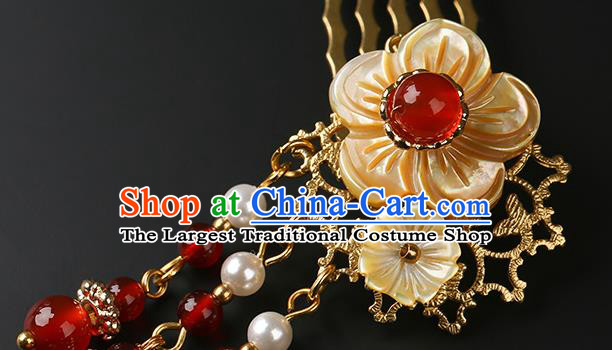 Chinese Classical Red Beads Tassel Hair Combs Pendant Hanfu Hair Accessories Handmade Ancient Princess Shell Hairpins for Women