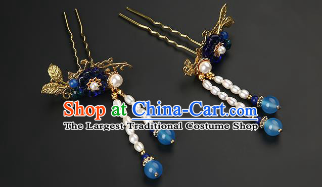 Chinese Classical Pearls Tassel Hair Clip Hanfu Hair Accessories Handmade Ancient Princess Navy Plum Hairpins for Women