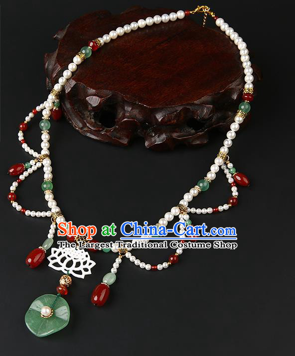Chinese Handmade Ming Dynasty Lotus Leaf Necklet Classical Jewelry Accessories Ancient Hanfu Pearls Necklace for Women