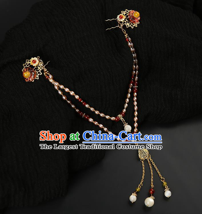 Chinese Classical Pearls Eyebrows Pendant Hanfu Hair Accessories Handmade Ancient Princess Golden Tassel Hair Clasp for Women