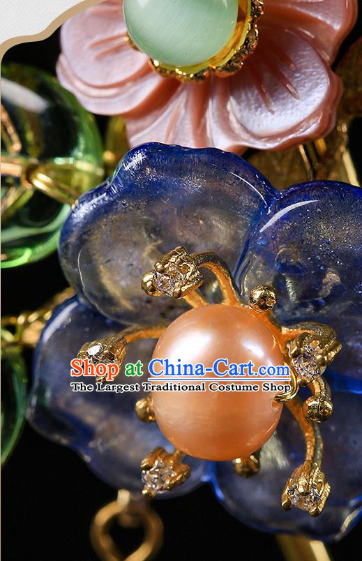 Chinese Classical Beads Tassel Hair Clip Hanfu Hair Accessories Handmade Ancient Princess Blue Plum Hairpins for Women