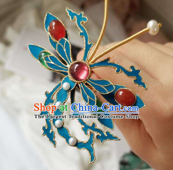 Chinese Classical Gems Dragonfly Hair Clip Hanfu Hair Accessories Handmade Ancient Qing Dynasty Empress Hairpins for Women