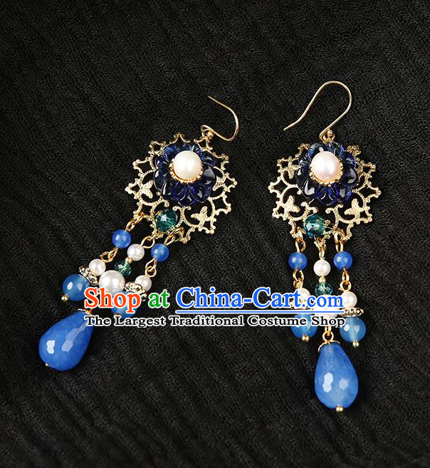 Handmade Chinese Plum Blossom Ear Accessories Classical Eardrop Ancient Women Hanfu Blue Beads Tassel Earrings