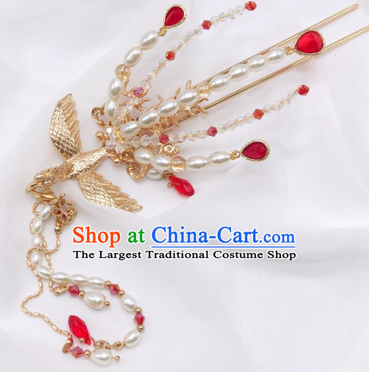 Chinese Classical Court Pearls Tassel Hair Clip Women Hanfu Hair Accessories Handmade Ancient Empress Red Crystal Phoenix Hairpins