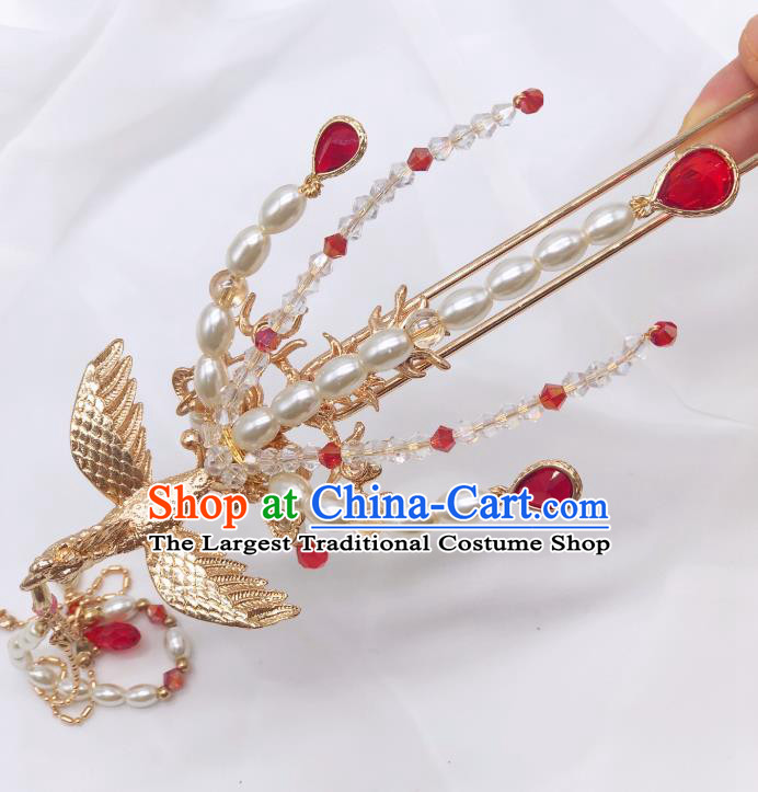 Chinese Classical Court Pearls Tassel Hair Clip Women Hanfu Hair Accessories Handmade Ancient Empress Red Crystal Phoenix Hairpins