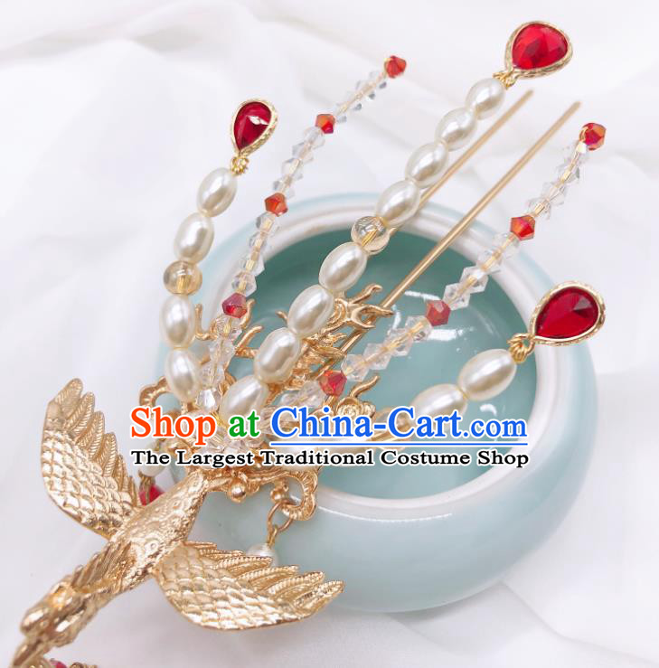 Chinese Classical Court Pearls Tassel Hair Clip Women Hanfu Hair Accessories Handmade Ancient Empress Red Crystal Phoenix Hairpins