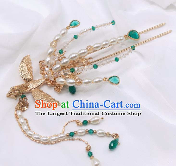 Chinese Classical Court Pearls Tassel Hair Clip Women Hanfu Hair Accessories Handmade Ancient Empress Green Crystal Phoenix Hairpins