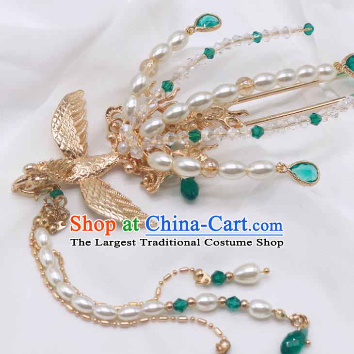 Chinese Classical Court Pearls Tassel Hair Clip Women Hanfu Hair Accessories Handmade Ancient Empress Green Crystal Phoenix Hairpins