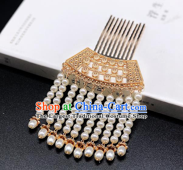 Chinese Classical Golden Hair Comb Women Hanfu Hair Accessories Handmade Ancient Tang Dynasty Tassel Hairpins