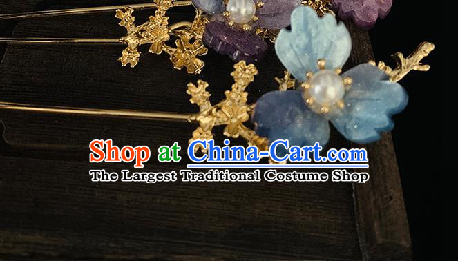 Chinese Classical Blue Flower Hair Clip Hanfu Hair Accessories Handmade Ancient Princess Hairpin for Women