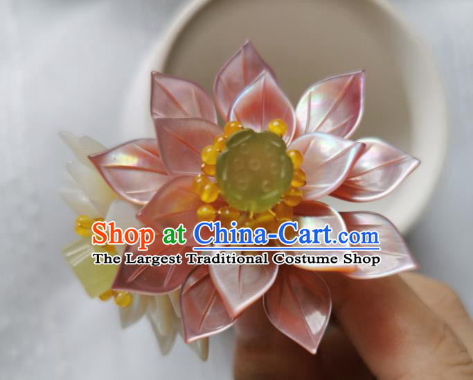 Chinese Classical Pink Lotus Hair Clip Hanfu Hair Accessories Handmade Ancient Princess Shell Flower Hairpins for Women