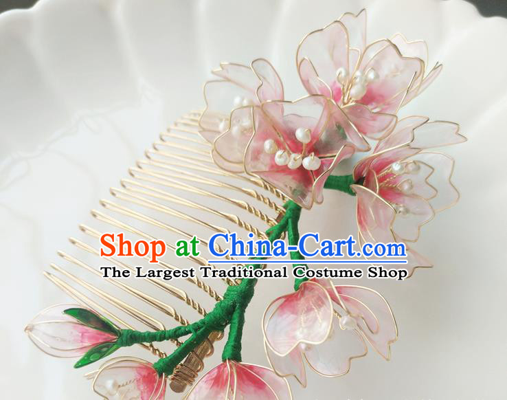 Chinese Classical Pink Flowers Hair Comb Hanfu Hair Accessories Handmade Ancient Queen Hairpins for Women