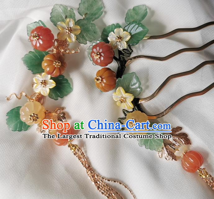 Chinese Classical Pumpkin Hair Comb Hanfu Hair Accessories Handmade Ancient Song Dynasty Empress Jade Hairpins for Women