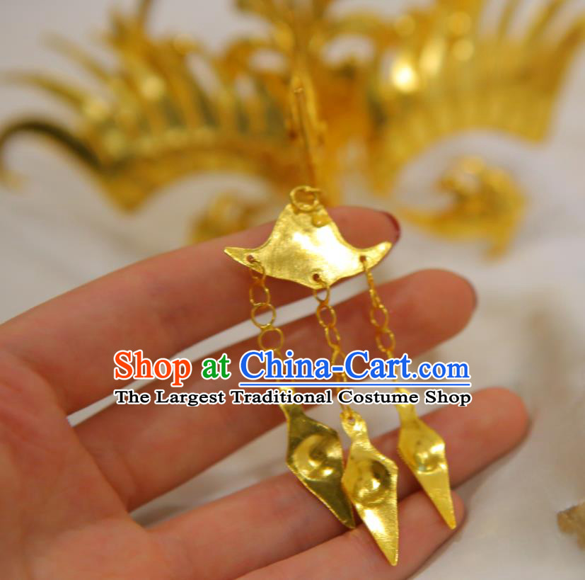 Chinese Classical Court Phoenix Hair Crown Women Hanfu Hair Accessories Handmade Ancient Tang Dynasty Empress Golden Tassel Hairpins Phoenix Coronet