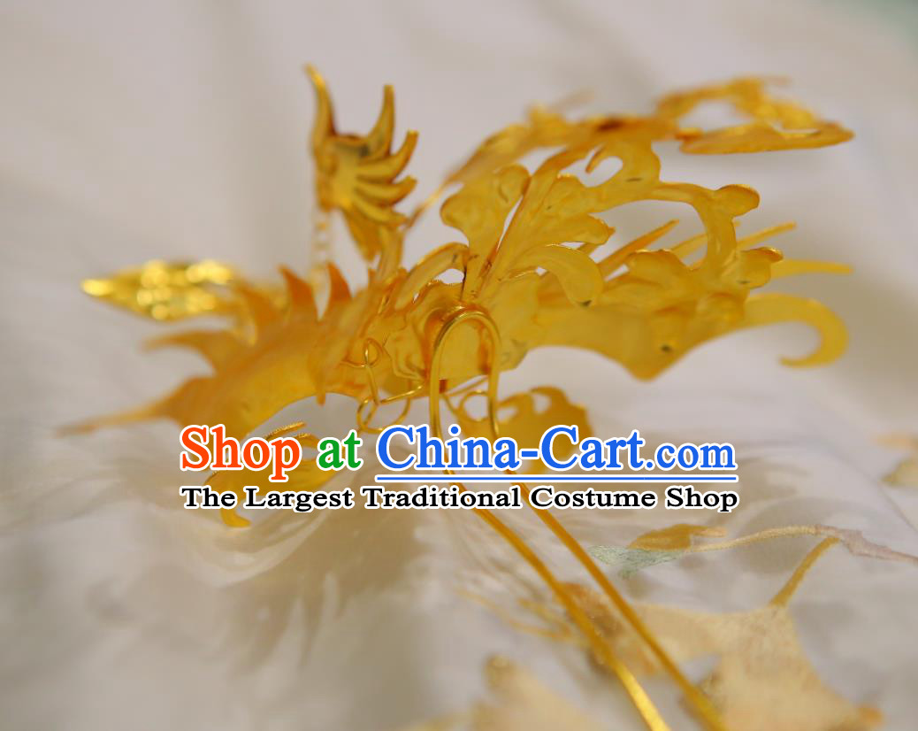 Chinese Classical Court Phoenix Hair Crown Women Hanfu Hair Accessories Handmade Ancient Tang Dynasty Empress Golden Tassel Hairpins Phoenix Coronet