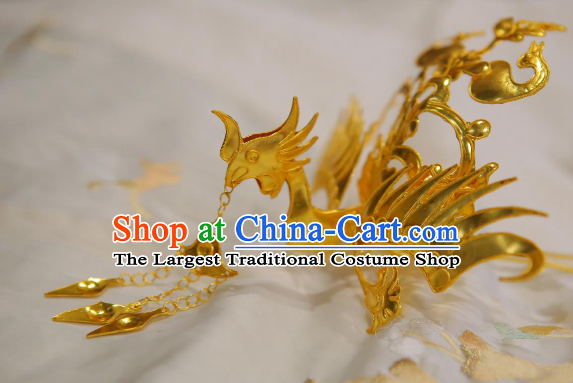 Chinese Classical Court Phoenix Hair Crown Women Hanfu Hair Accessories Handmade Ancient Tang Dynasty Empress Golden Tassel Hairpins Phoenix Coronet