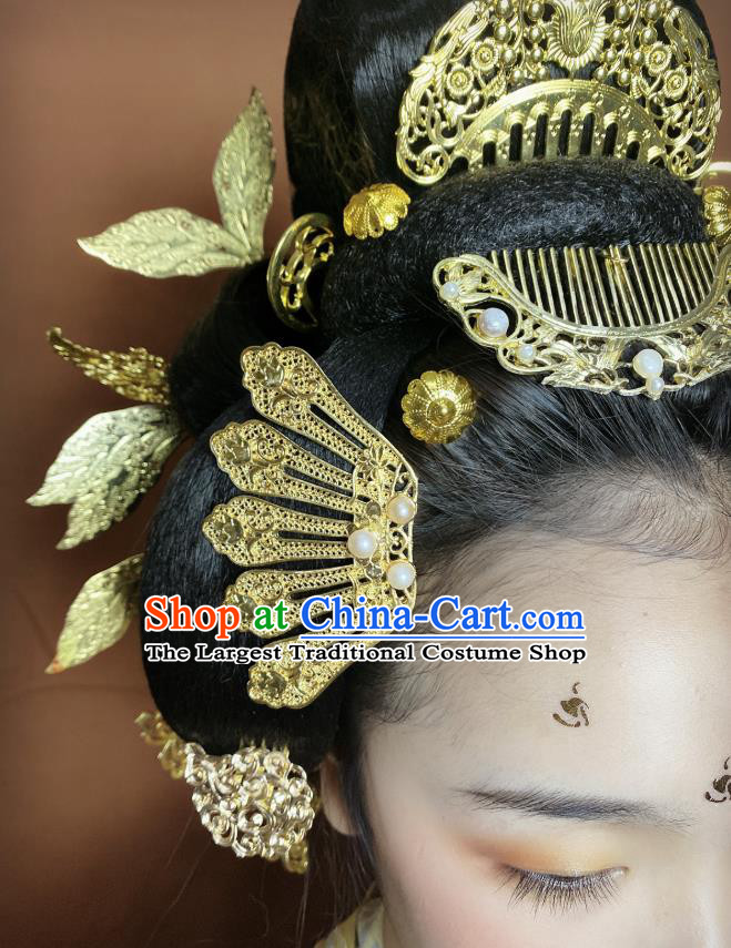 Chinese Classical Court Queen Golden Hair Combs Women Hanfu Hair Accessories Handmade Ancient Tang Dynasty Princess Hairpins Full Set