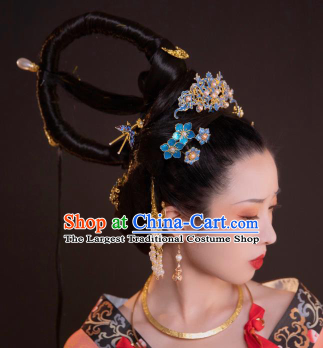 Chinese Classical Court Empress Hair Comb Women Hanfu Hair Accessories Handmade Ancient Ming Dynasty Blueing Hairpins Full Set