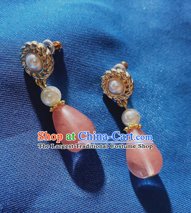 Handmade Chinese Classical Court Eardrop Cheongsam Ear Accessories Ancient Hanfu Pink Stone Earrings