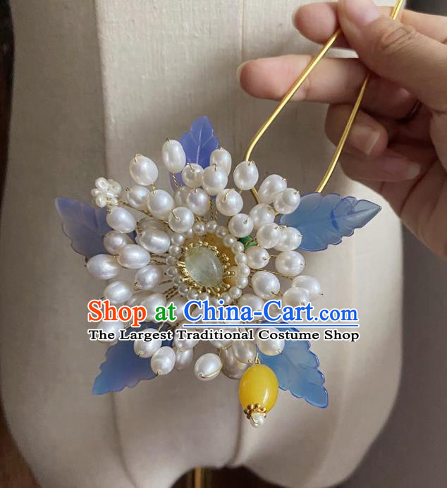 Chinese Classical Ming Dynasty Hair Clip Women Hanfu Hair Accessories Handmade Ancient Princess Pearls Flower Hairpin