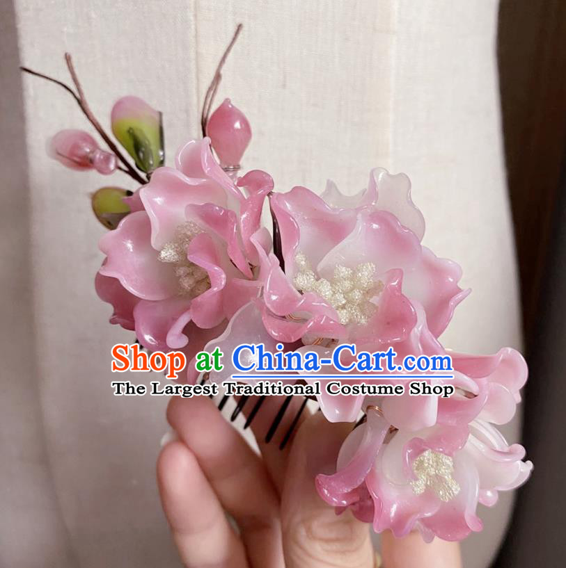 Chinese Classical Pink Peony Hair Comb Women Hanfu Hair Accessories Handmade Ancient Song Dynasty Princess Flowers Hairpin