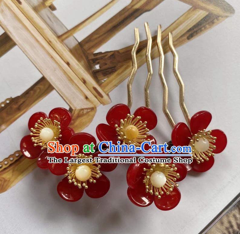 Chinese Classical Red Plum Hair Comb Handmade Ancient Song Dynasty Hairpin Women Hanfu Hair Accessories
