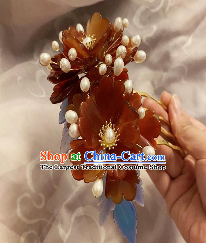 Chinese Classical Agate Peony Hair Comb Handmade Ancient Song Dynasty Pearls Hairpin Women Hanfu Hair Accessories