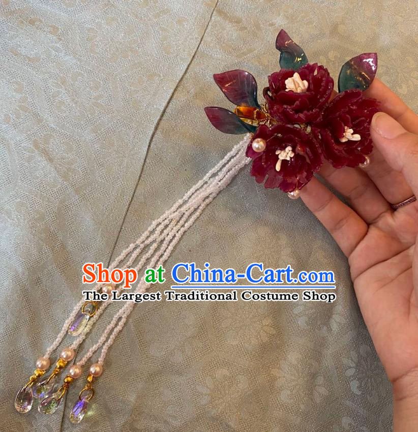 Chinese Women Classical Long Tassel Hair Claw Handmade Ancient Princess Hanfu Hair Accessories Red Flowers Hairpin