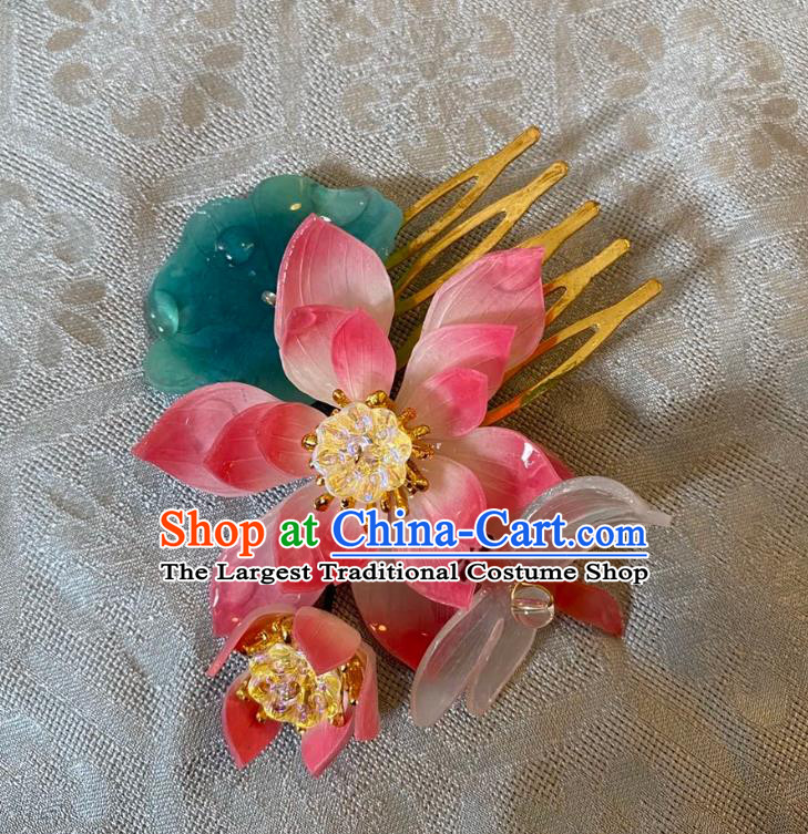 Chinese Women Classical Hairpin Handmade Ancient Princess Hanfu Hair Accessories Pink Lotus Hair Comb