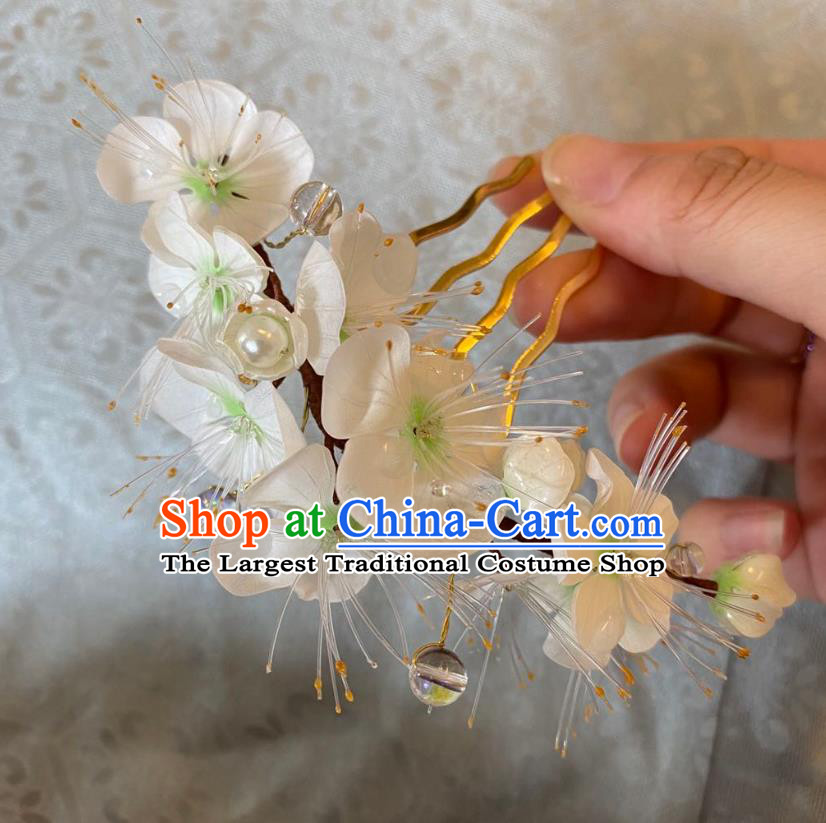 Chinese Women Classical White Flower Hairpin Handmade Ancient Princess Hanfu Hair Accessories Hair Comb