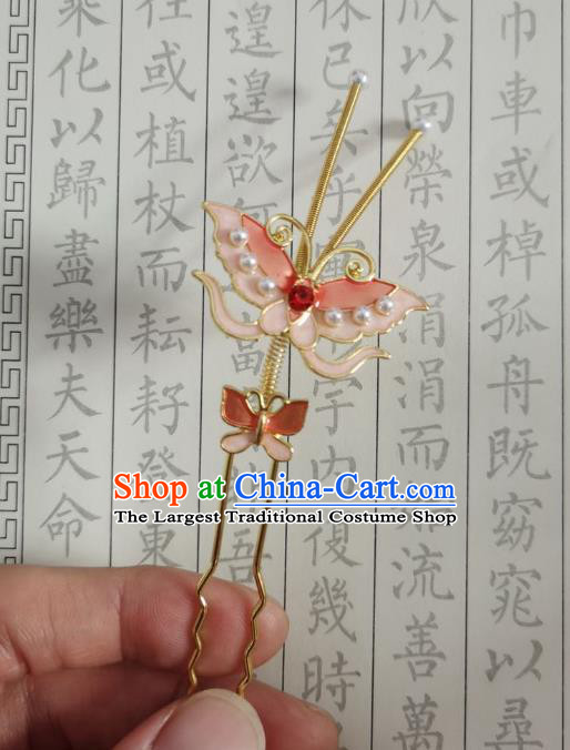 Chinese Women Classical Ming Dynasty Hairpin Handmade Ancient Princess Hanfu Hair Accessories Pink Butterfly Hair Clip