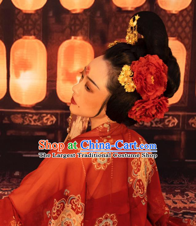 Chinese Women Classical Tang Dynasty Red Peony Hairpin Handmade Ancient Princess Hanfu Hair Accessories Hair Clips Complete Set
