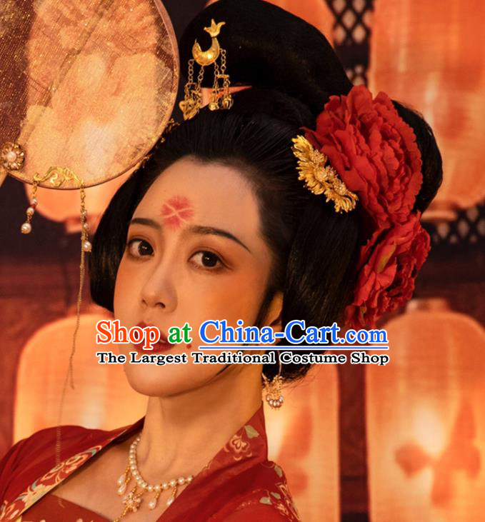 Chinese Women Classical Tang Dynasty Red Peony Hairpin Handmade Ancient Princess Hanfu Hair Accessories Hair Clips Complete Set