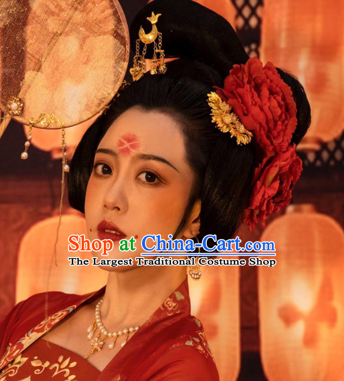 Chinese Women Classical Tang Dynasty Red Peony Hairpin Handmade Ancient Princess Hanfu Hair Accessories Hair Clips Complete Set