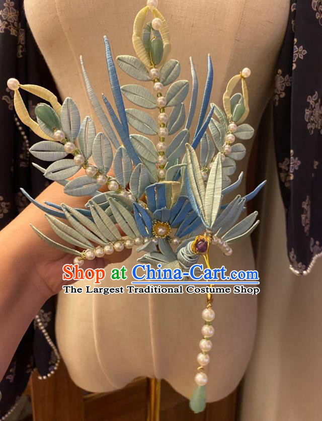 Chinese Ming Dynasty Pearls Hairpin Handmade Classical Ancient Empress Hanfu Hair Accessories Court Women Blue Silk Phoenix Hair Crown