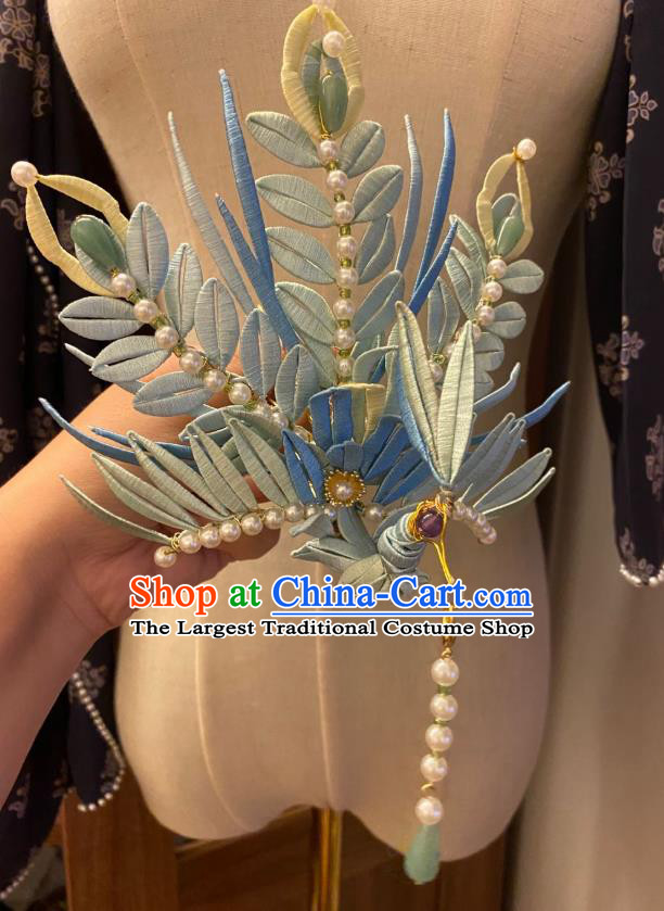 Chinese Ming Dynasty Pearls Hairpin Handmade Classical Ancient Empress Hanfu Hair Accessories Court Women Blue Silk Phoenix Hair Crown