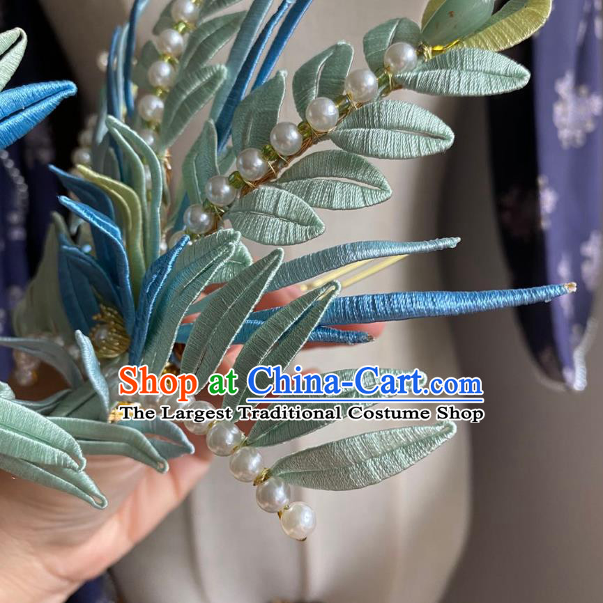 Chinese Ming Dynasty Pearls Hairpin Handmade Classical Ancient Empress Hanfu Hair Accessories Court Women Blue Silk Phoenix Hair Crown