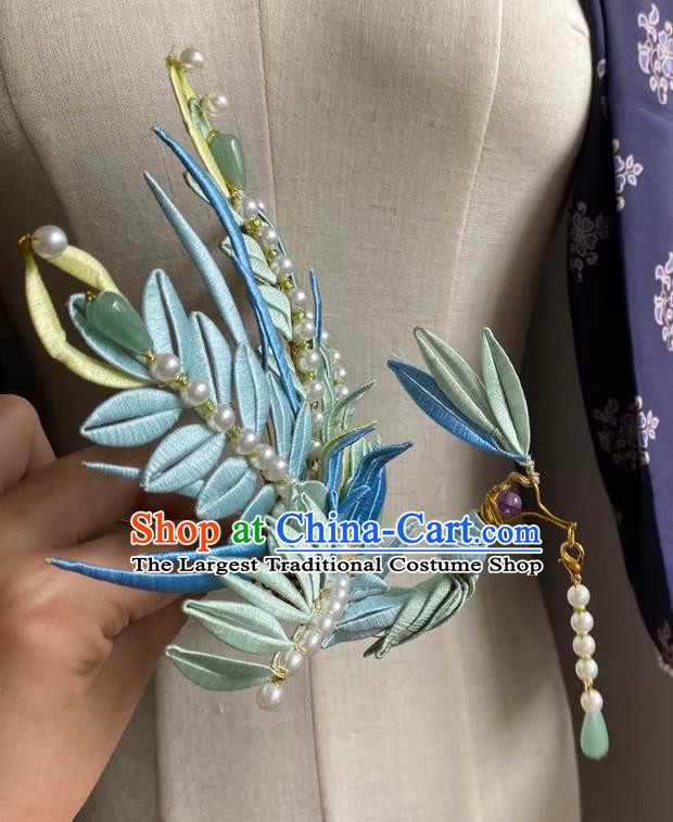 Chinese Ming Dynasty Pearls Hairpin Handmade Classical Ancient Empress Hanfu Hair Accessories Court Women Blue Silk Phoenix Hair Crown