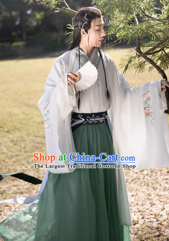 Chinese Ancient Prince Hanfu Apparels Traditional Costumes Han Dynasty Scholar Garment Embroidered Cloak Shirt and Skirt Complete Set