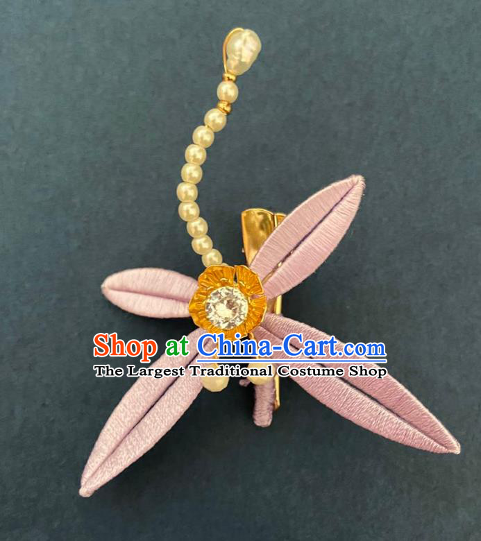Chinese Ancient Princess Pearls Hairpins Hair Accessories Handmade Song Dynasty Pink Silk Dragonfly Hair Sticks