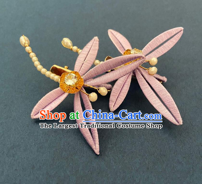 Chinese Ancient Princess Pearls Hairpins Hair Accessories Handmade Song Dynasty Lilac Silk Dragonfly Hair Sticks