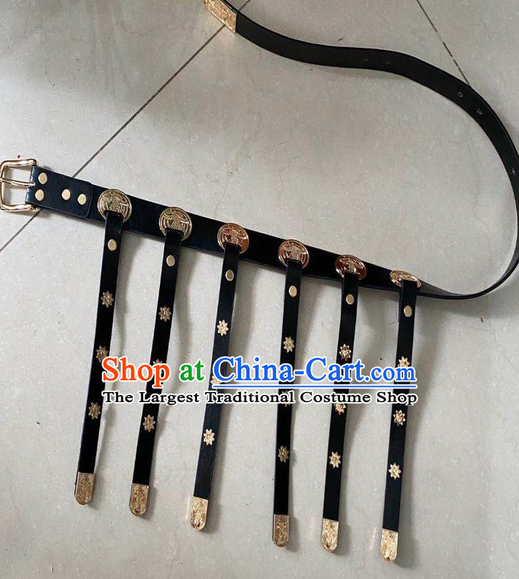 Chinese Classical Ancient Hanfu Black Leather Tassel Belt Ming Dynasty Imperial Guard Waistband Accessories