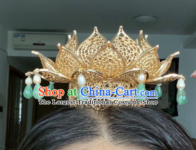 Chinese Ancient Princess Chrysoprase Hairpins Hair Accessories Women Handmade Hanfu Tang Dynasty Golden Lotus Hair Crown