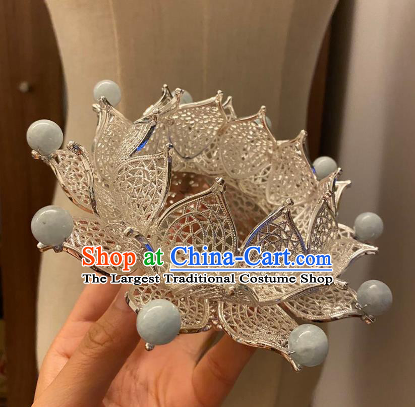 Chinese Ancient Princess Blue Stone Hairpins Hair Accessories Women Handmade Hanfu Tang Dynasty Argent Lotus Hair Crown