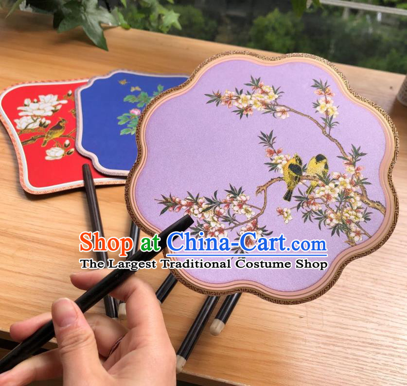 Chinese Classical Lilac Silk Palace Fan Ancient Palace Lady Fans Accessories Song Dynasty Princess Painting Plum Birds Ebony Fans