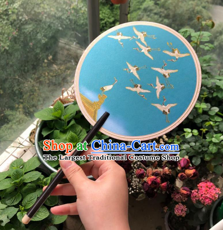 Chinese Classical Blue Silk Palace Fan Ancient Palace Lady Fans Accessories Song Dynasty Princess Painting Cranes Round Fans